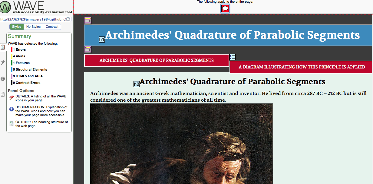 a screenshot of the WAVE UX tool used on my Archimedes website
