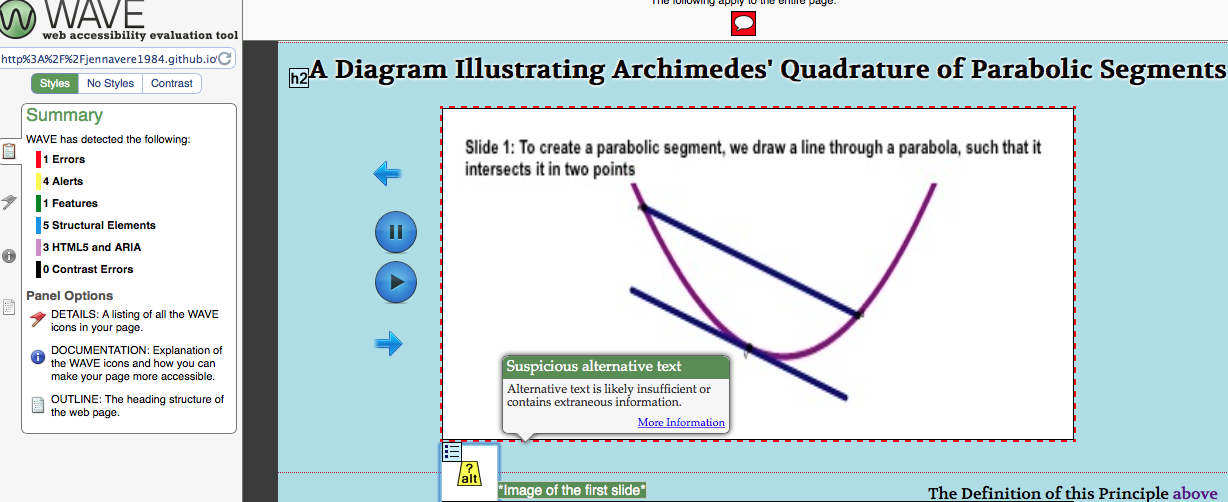 the second screenshot of the WAVE UX tool used on my Archimedes website