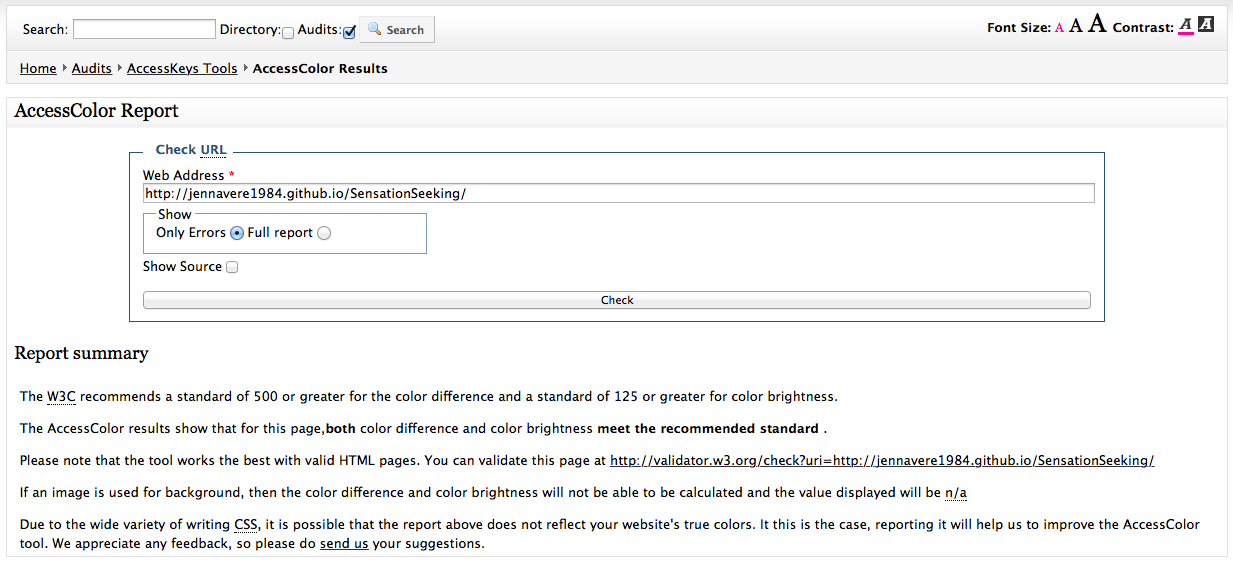 a screenshot of the Color Contrast UX tool used on my Sensation Seeking Questionnaire website