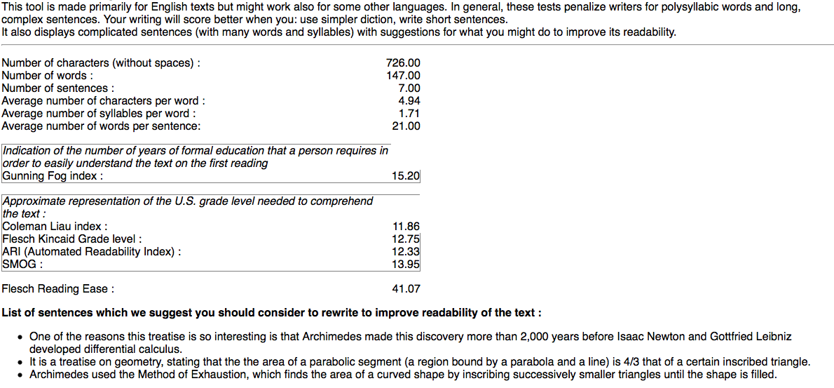 a screenshot of the Readability UX tool used on my Archimedes website