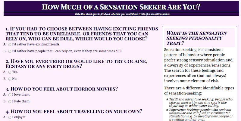 a screenshot of my Sensation Seeking Questionnaire website